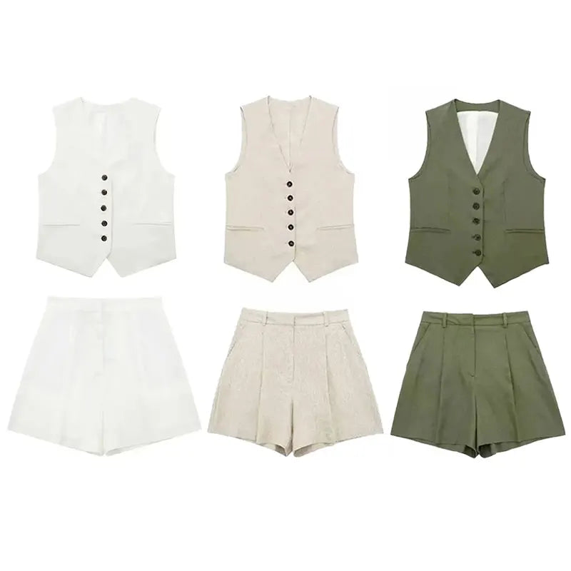 2024 Summer Woman Set Solid V Neck Sleeveless Chic Vest Top + Pockets Wild Commute Loose Casual Women's Shorts Streetwear