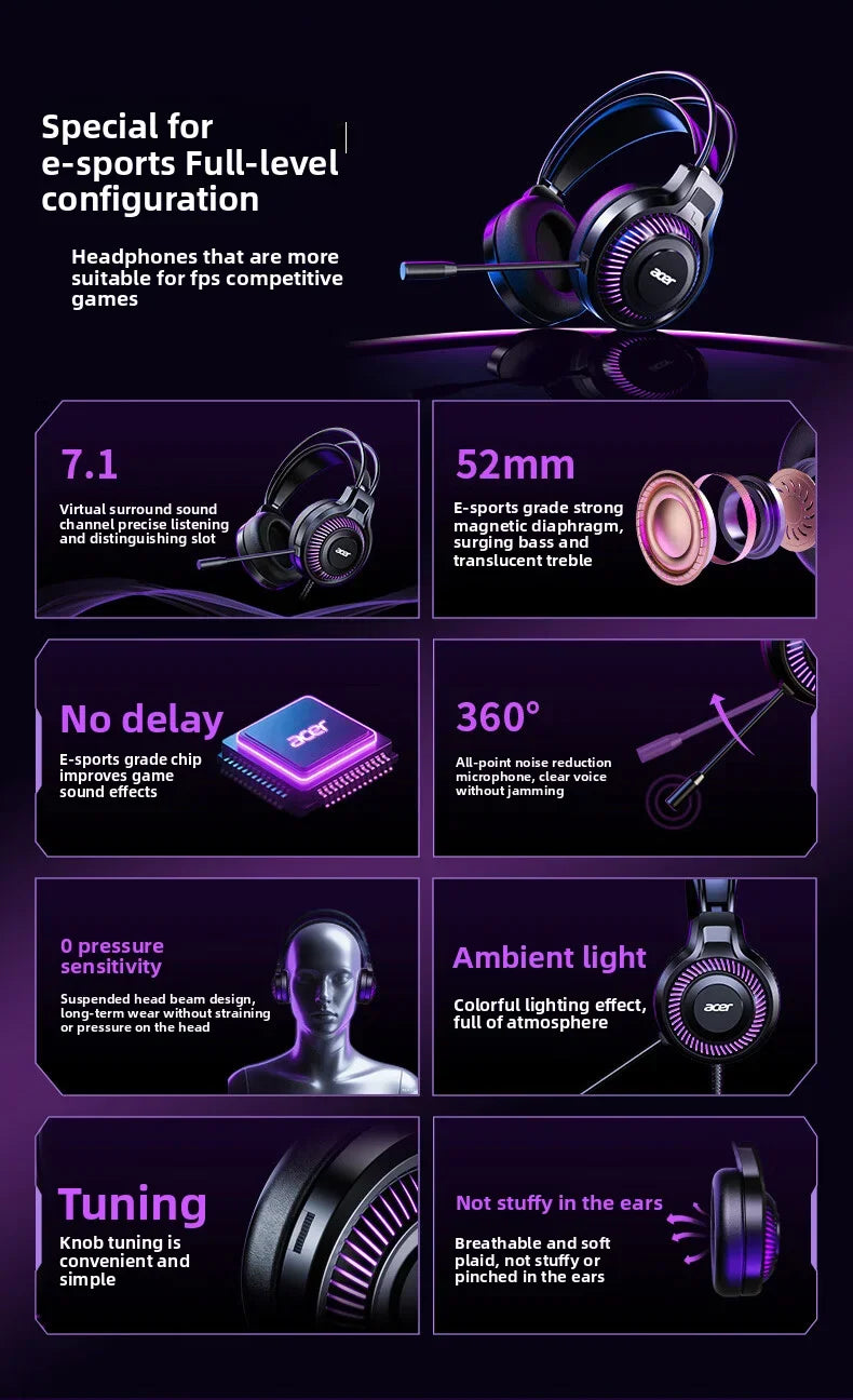 Acer Gaming Headphones with Mic 7.1 Stereo Virtual Surround LED Light Bass Earphone Headsets Gamer for Computer PC Gamer OHW303