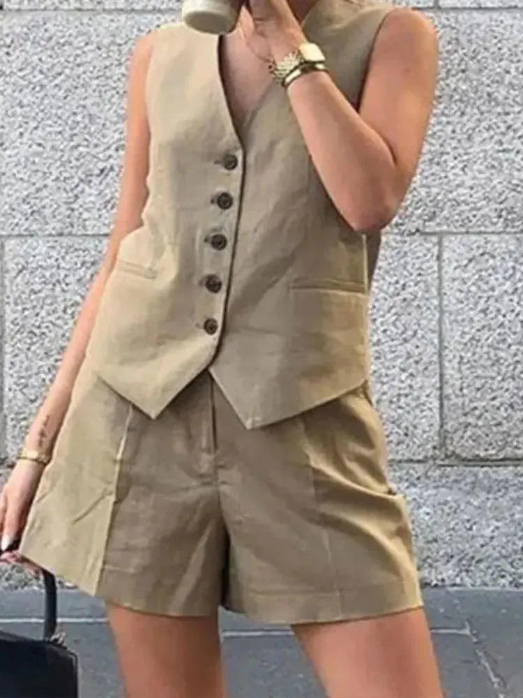 2024 Summer Woman Set Solid V Neck Sleeveless Chic Vest Top + Pockets Wild Commute Loose Casual Women's Shorts Streetwear