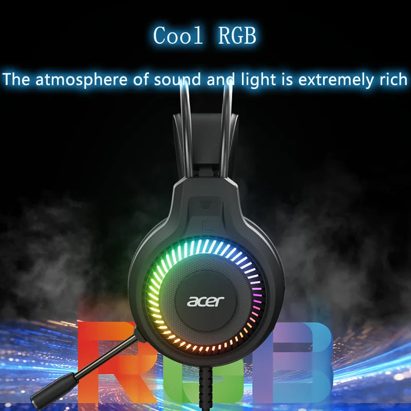 Acer Gaming Headphones with Mic 7.1 Stereo Virtual Surround LED Light Bass Earphone Headsets Gamer for Computer PC Gamer OHW303