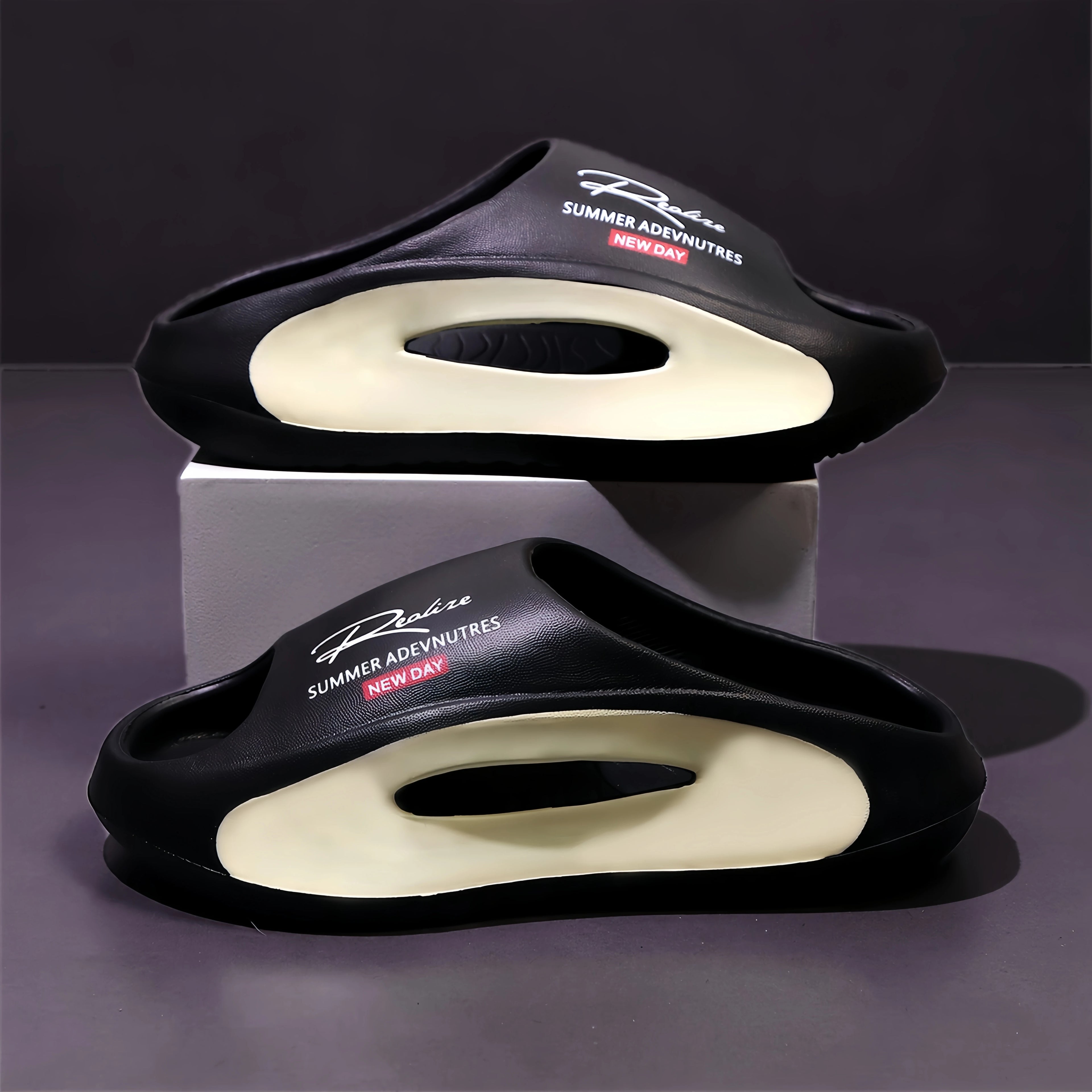 Lightweight EVA men's slide | Black and white cartoon design, exposed toes, comfortable all year round, casual indoor/outdoor us