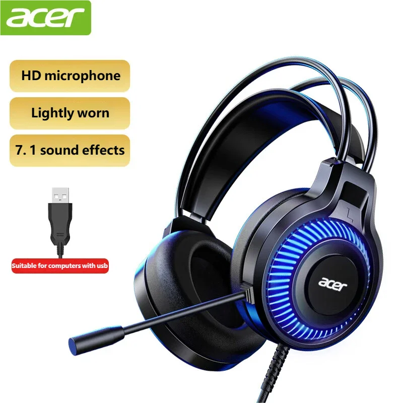 Acer Gaming Headphones with Mic 7.1 Stereo Virtual Surround LED Light Bass Earphone Headsets Gamer for Computer PC Gamer OHW303