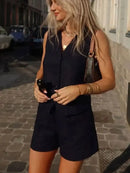 2024 Summer Woman Set Solid V Neck Sleeveless Chic Vest Top + Pockets Wild Commute Loose Casual Women's Shorts Streetwear