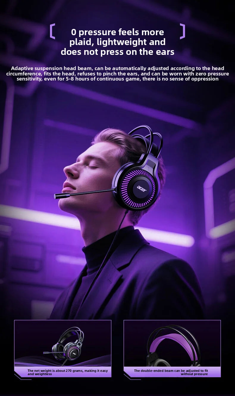 Acer Gaming Headphones with Mic 7.1 Stereo Virtual Surround LED Light Bass Earphone Headsets Gamer for Computer PC Gamer OHW303