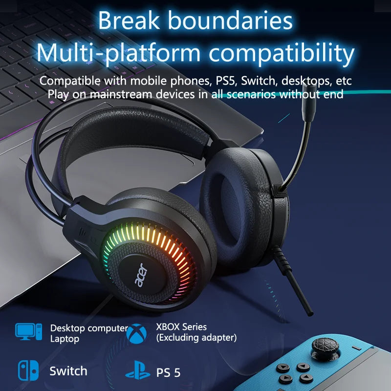 Acer Gaming Headphones with Mic 7.1 Stereo Virtual Surround LED Light Bass Earphone Headsets Gamer for Computer PC Gamer OHW303