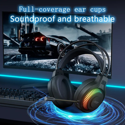 Acer Gaming Headphones with Mic 7.1 Stereo Virtual Surround LED Light Bass Earphone Headsets Gamer for Computer PC Gamer OHW303