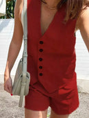 2024 Summer Woman Set Solid V Neck Sleeveless Chic Vest Top + Pockets Wild Commute Loose Casual Women's Shorts Streetwear