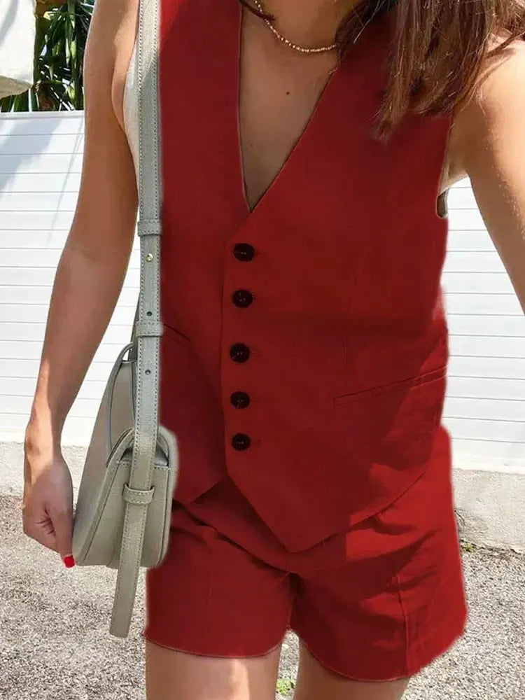 2024 Summer Woman Set Solid V Neck Sleeveless Chic Vest Top + Pockets Wild Commute Loose Casual Women's Shorts Streetwear