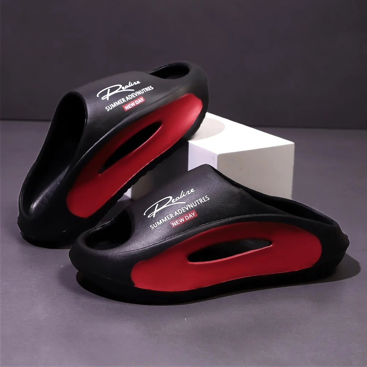 Lightweight EVA men's slide | Black and white cartoon design, exposed toes, comfortable all year round, casual indoor/outdoor us