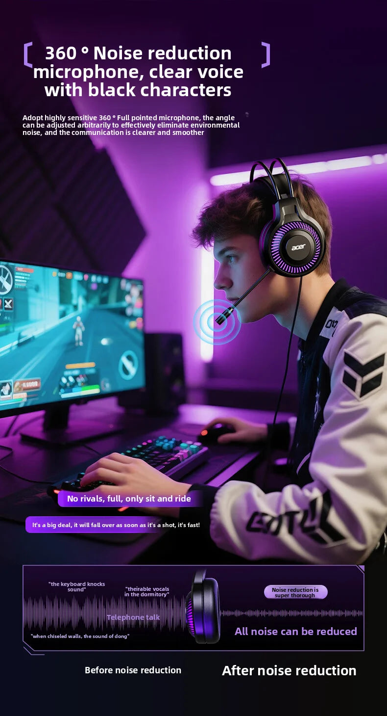 Acer Gaming Headphones with Mic 7.1 Stereo Virtual Surround LED Light Bass Earphone Headsets Gamer for Computer PC Gamer OHW303