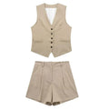 2024 Summer Woman Set Solid V Neck Sleeveless Chic Vest Top + Pockets Wild Commute Loose Casual Women's Shorts Streetwear