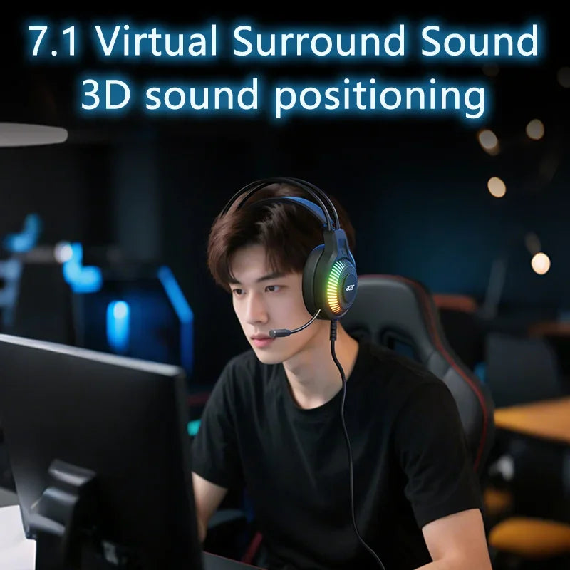 Acer Gaming Headphones with Mic 7.1 Stereo Virtual Surround LED Light Bass Earphone Headsets Gamer for Computer PC Gamer OHW303